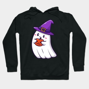 Cute Witch Ghost Holding Pumpkin Halloween Cartoon Hoodie